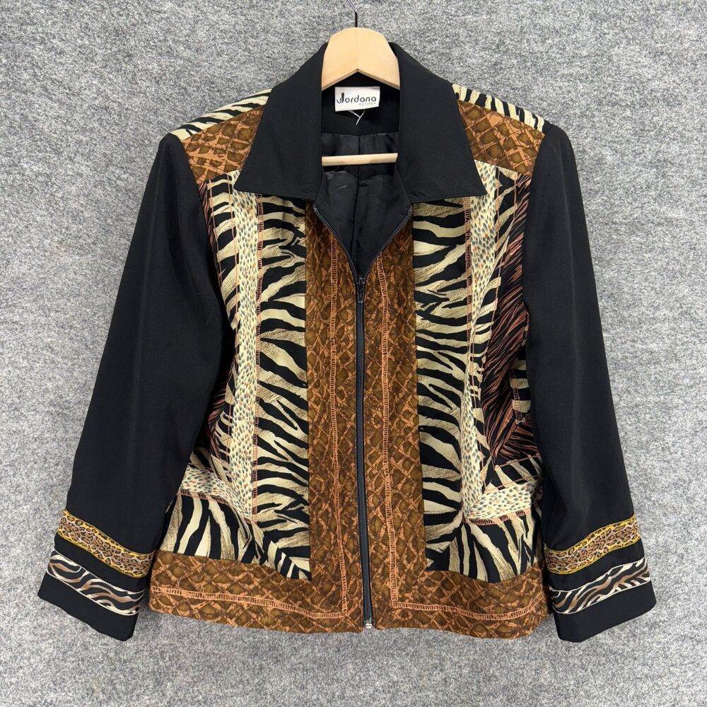 Jordana Jacket Women S Small Black Animal Print Collared Full Zip Long Sleeve